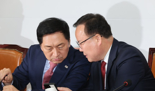 김기현(왼쪽) 국민의힘 대표가 20일 최고위원회의에서 김재원 최고위원과 귀엣말을 나누고 있다. [연합뉴스]